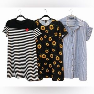 3 Dress Bundle SHEIN Casual Mini Striped Sunflower Shirt Dress Set Size L